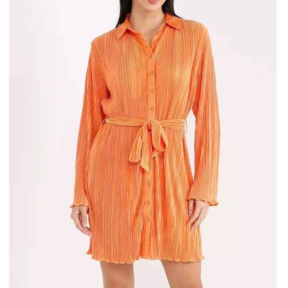 Peppermayo Long Sleeve Orange Pleated Plisse Wrap Shirt Dress Womens Size 2